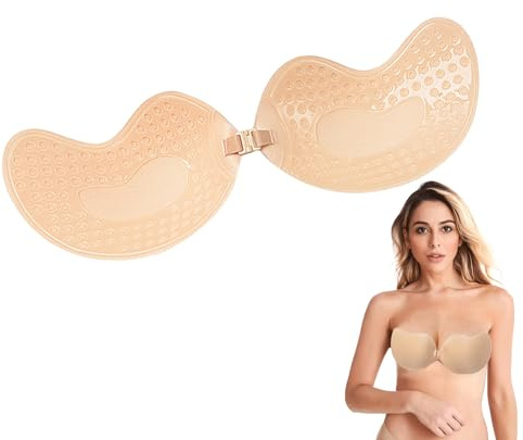 Vierone Summer Womens Bras Skin Color Push Up Invisible Stick On Bras Sling Top Party Evening Dress Strapless Bra Breathable Self Adhesive Bra(Cup D)