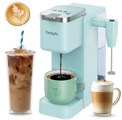 Tastyle Einzelportion-Kaffeemaschine mit eingebautem, abnehmbarem Milchaufschäumer, Eis- und Heißkaffeemaschine für K-Tasse und -gemahlen, abnehmbarer Wasserspeicher, 6 Tassengrößen, passend für 18,5