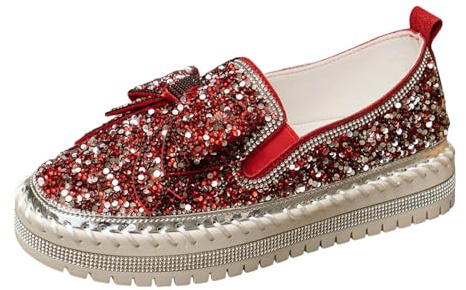 Generisch Sneakers da donna con paillette, basse, strass bassi, con brillantini, scarpe da ginnastica per attività all'aria aperta, per il tempo libero, scarpe da passeggio, Colore: rosso, 39 EU