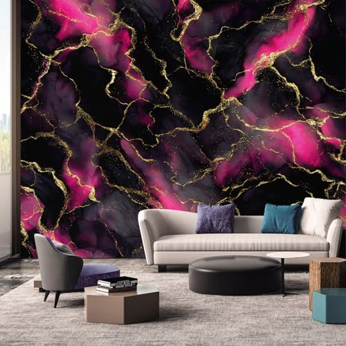 Marble Effect Wallpaper, Black Pink Gold Wallpaper Murals, Marble Effect Room Decor Wall Art for Bedroom Kitchen Living Room 315L x 215W cm