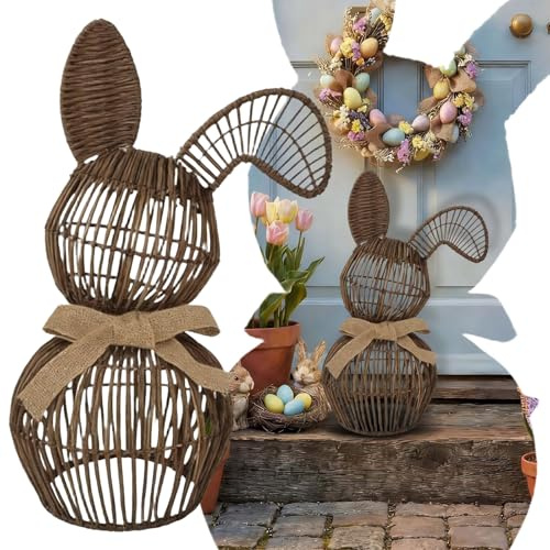 Osterdeko Rattan Osterhase, Rattan Hasen Deko, Osterhasen Figuren Groß, Handgeflochten, Natürliches Design, Osterdekoration für Wohnzimmer, Tisch und Garten, Frühlingsdeko, Osterhase Deko, Langlebig,B