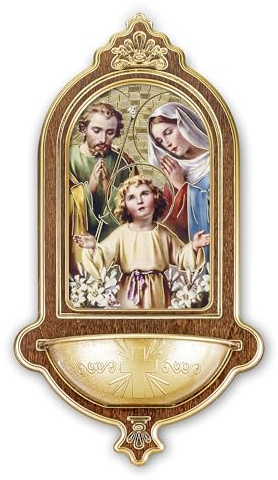 Fratelli Bonella - Acquasantiera in legno con dettagli in oro a caldo della Sacra Famiglia f.to 13,9 x 25,4 cm