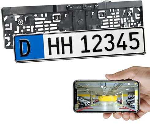 WLDOCA WiFi 5 Rückfahrkamera Kennzeichenhalter, HD 120° Weitwinkel IR Nachtsicht, Foto & Video, IP68 Wasserdicht, Kompatibel mit Android & iOS, für EU/UK Standardkennzeichen (520x110/120mm),A