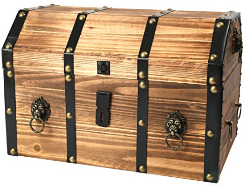 Vintiquewise Wooden Treasure Chest Trunk Vintage-Style Storage Box with Leather Straps Brass Rivets Lion Head Ornaments & Latch Closure Decorative Accent and Functional Organizer for Home Décor, Small