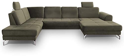 CAVADORE Wohnlandschaft Benda / Große Sofagarnitur mit XL-Longchair rechts & Federkern / Inkl. Sitztiefenverstellung & Kopfstützen / 332 x 87 x 226 / Samt: grün