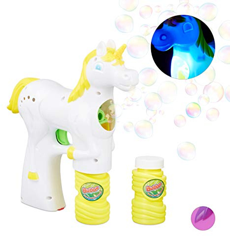Relaxdays 1 x Einhorn Seifenblasenpistole, LED, batteriebetrieben, 2X Seifenblasen Flüssigkeit, Kinder & Erwachsene, weiß