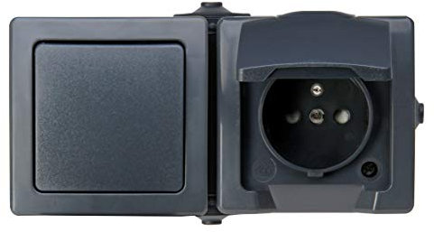 Kopp Nautic 2-fach Kombination (Mitten-Kontakt-Steckdose mit Klappdeckel und erhöhtem Berührungsschutz sowie Universalschalter), Aufputz Feuchtraum, IP44, waagerechte Montage, anthrazit, 134515006