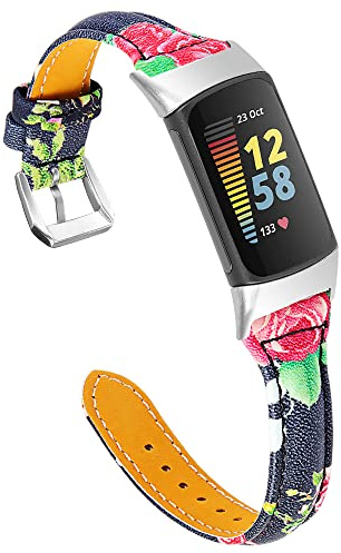 Chofit Bracelets compatibles avec Fitbit Charge 5, bracelet de rechange fin en cuir avec imprimé floral pour traqueur d'activité Charge 5 (A)