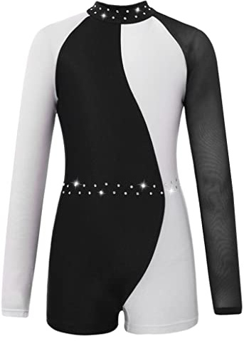 TSSOE Kids Girls Colorblock Rhinestone Mock Neck Ballet Dance Leotard Unitard Gymnastics Jumpsuit Biketard Black&White 13-14 Years