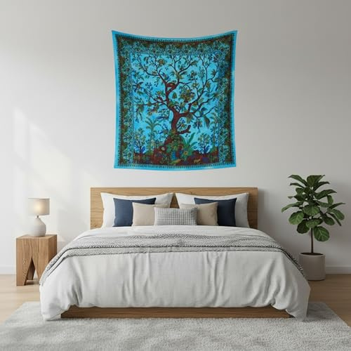 Craft Trade Blau Baum Wandteppich Indische Wandtuch Tapestry Wandbehang Boho Wandteppiche für Heimdeko Wohnzimmer und Schlafzimmer - 76 x 102 cm | Blauer Wandteppich für Wandkunst, Schlafsaal, Yoga-Tagesdecke, Meditation & Schlafzimmer, Wohnzimmerdekoration, leicht