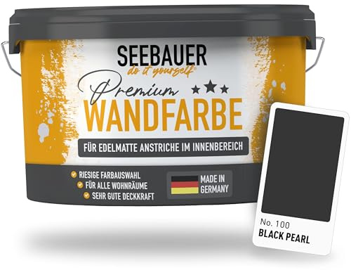 SEEBAUER diy Wandfarbe Schwarz 2,5L für Innen (No. 100 Black Pearl) Edelmatte tiefschwarze Innenfarbe - Schwarztöne sehr hohe Deckkraft - Matt, Abwaschbar und Tropffrei