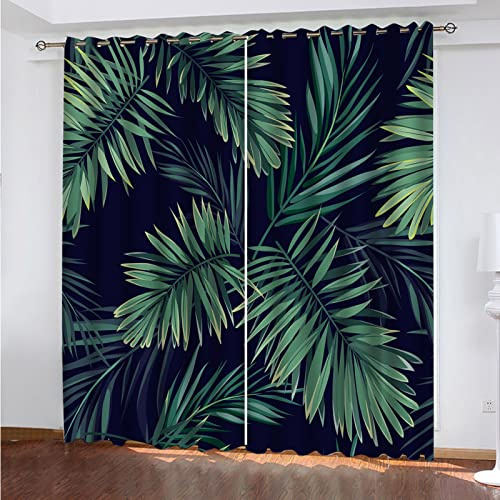ZWEBY Rideau Salon Occultant Moderne - 3D Feuilles Vertes Rideaux À Oeillets L 220 X H 210 cm 2 Panneaux Rideaux Décoration De Fenêtre pour Chambre Et Cuisine - Rideaux Isolant Thermique Et Phonique