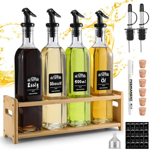 FNLLC Bottiglia d'olio con supporto in legno 500ml,bottiglie di vetro 4pcs,dispenser di olio d'oliva con imbuto,set di bottiglie di aceto e olio, con etichetta,tappo di sughero,per liquori e aceti