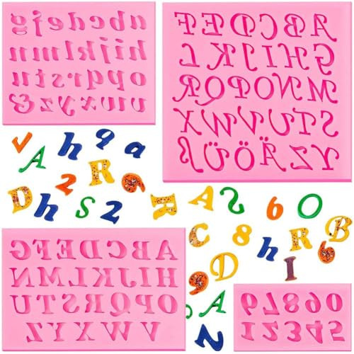 4Pcs Pink 3D Silicone Letters & Numbers Mold Set, Uppercase & Lowercase Letters Chocolate Molds for DIY Biscuit & Ice Cube Desserts