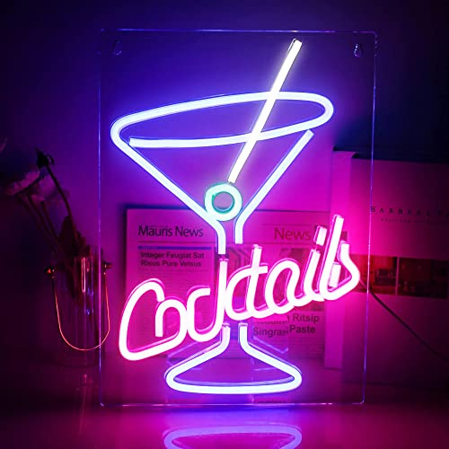 Cocktails Neon Glass Light for Wall Decor - Pink Blue Beer Bar Led Neon Sign for Bedroom Home Bar Club Kitchen Hotel Wedding Birthday Party Decor with USB