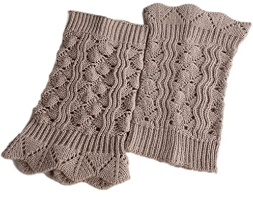 Kurze Beinstulpen für Damen, Kunstspitze, Vintage-Stil, gehäkelt, gestrickt, gewellter Rand, einfarbig, Stiefelstulpen für Damen, Baumwolle, beige, One size