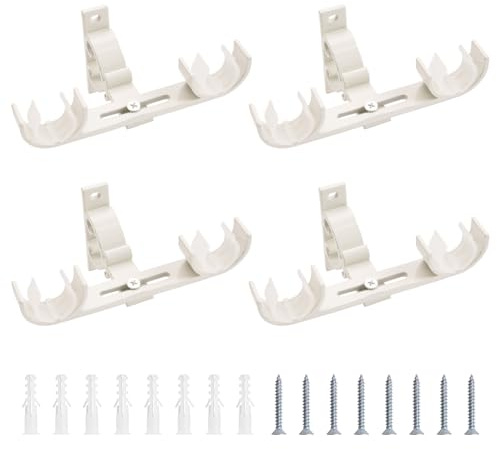UFURMATE Paquete de 4 soportes dobles resistentes para barra de cortina, soporte doble de aluminio para ventana, dormitorio, barra de cortina del hogar, barra de cortina, color blanco