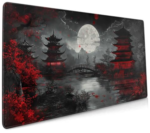 Japanisches Mauspad, XXL, 90 x 40 cm, schwarz-rotes Design-Stil, erweitertes großes Gaming-Mauspad, Tastatur, Schreibtischunterlage, rutschfeste Gummiunterseite, genähte Kanten, für Heimbüro