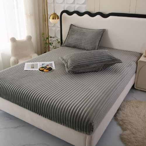 SASIGAYA Spannbettlaken Grau 150×200cm Flanell Spannbetttuch Winter Plüsch Fleece Spannbetttucher Superweiches Matratzenschoner Flauschig Warme Bettlaken für Boxspringbett Topper Matratzen bis 25cm