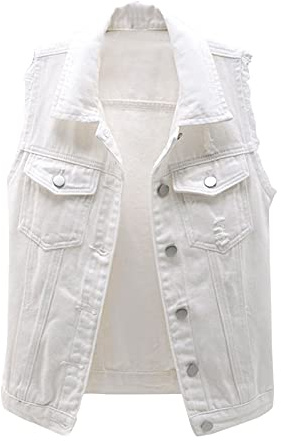 IQYU Chaleco vaquero para mujer, sin mangas, de gran tamaño, vaquero, sin mangas, corte ajustado, chaqueta vaquera destruida, chaleco vaquero con botones, Blanco, XXXL