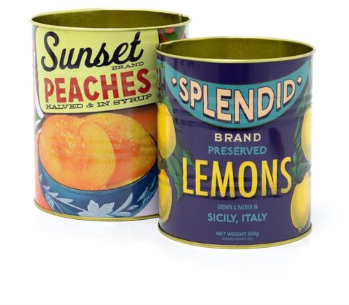 BelAya E Set of 2 Retro Style Vintage Fruit Storage Tins - Lemon & Peach - Decorative Tinned Food Cans - Metal Food Display Cans. Ideal for plants, pens, keys, cutlery.