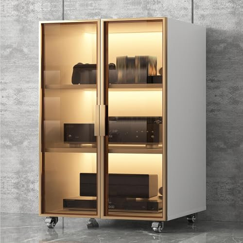 LYXWGRZD Audio Rack HiFi Regal, Plattenspieler Regal mit Rollendesign, Phonoschrank mit gehärtetem Glas, Record Player Stand, verstellbare Regale(102cm/40.1in)
