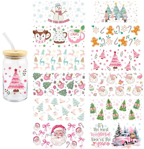 12 Sheets Christmas UV DTF Cup Wrap Transfer Sticker for Glass Xmas Santa Snowman Rub on Transfers Decals for 16 oz Glass Cup Transfers Christmas Tree Cars for Furniture Waterproof Decals