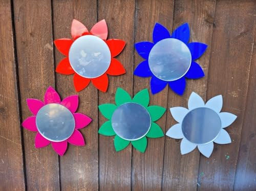 Set of 5 Acrylic Flower Mirrors, 15cm Flower, 10cm Mirror, Assorted Colours, Shatterproof, for Garden/Sensory Room