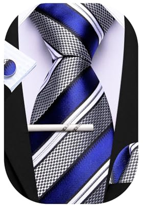 Barry.Wang Herren Krawatte Set Seiden-Geschäfts-Streifen Plaid-Krawatten-Set mit Taschentuch Manschettenknopf für Hochzeit Formell
