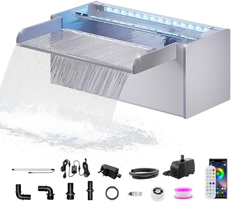 LONGRUN 30 cm dammvattenfall, akryl poolvattenfall med vattenpump, 7 färger Bluetooth LED trädgård fontän