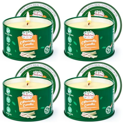 KERCAMKEL Candele alla citronella per esterni, confezione da 4 candele alla citronella per interni, durata di combustione di 120 ore, candele alla citronella da giardino, candele in cera di soia