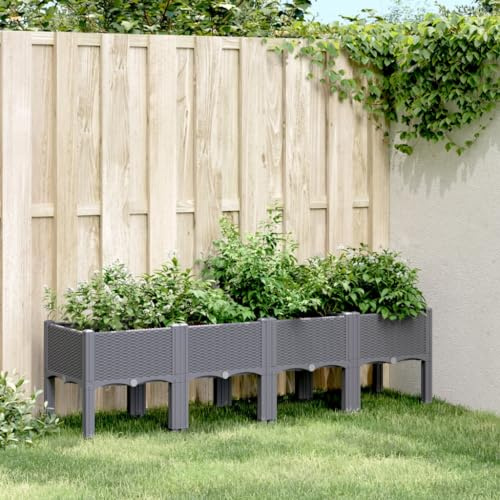 Myheimly Pflanzkasten mit Beinen Rattan-Optik, Pflanzkübel für Garten Terrasse, Blumenkasten Hochbeet Gemüsebeet Grau 160x40x42 cm PP