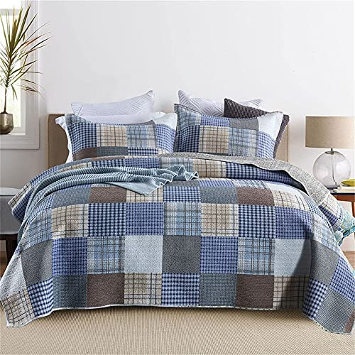 UQACHG Patchwork-Steppdecke, 3-Teilig, Wendbar, Gesteppte Tagesdecke, Baumwolle, Blau, Weiche Patchwork-Bettdecken, Kingsize-Bettwäscheset Mit 2 Kissenbezügen, 230 X 250 cm