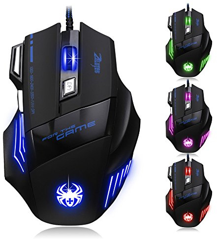 zelotes Souris de jeu ergonomique avec bouton d'allumage rapide, 7200 DPI (5 niveaux réglables), 7 boutons, éclairage LED, souris optique filaire USB pour bureau/jeux, compatible avec ordinateur