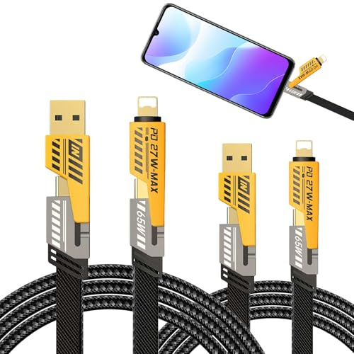4 In 1 Charger Cable 2Pcs Dual Head Type c Data Usb 4 In 1 Multi Charger Cable Fast Charging Pd 27w 65w with Iphone 16/15/14/13/12/11 Pro Max, Macbook, Samsung Galaxy