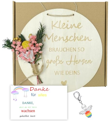 MKISHINE Abschied Kindergarten Dankeskarte | Dankeschön | Trockenblumen | Holzscheibe | Geschenk |Geburt | Danke | Geschenk für Tagesmutter|Geburt (Style 1)