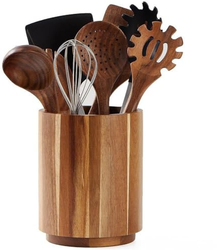 MUMQAQ Portautensili in legno di acacia per bancone da cucina, girevole a 360°, grande porta utensili da cucina per piano di lavoro, contiene 15-20 utensili da cucina, organizer rustico da bancone