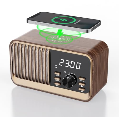 MONODEAL Alarm Clock Radio with Fast Wireless Charging,Support Bluetooth 5.3/FM Radio/USB Port/TF Card/Aux in,8W Stereo Sound Speaker,Snooze,Hands-Free Calling,Dimmable Clock Radios for Bedroom