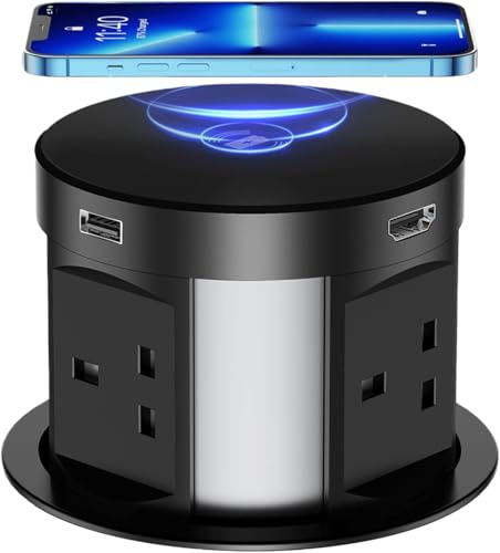 Sewingvr Pop Up Power Socket with HDMI & RJ45, 4 UK Sockets, 2 USB Ports, 5W Wireless Charger, Retractable Extension Lead for Kitchen Worktops, 3250W/13A Power Strip