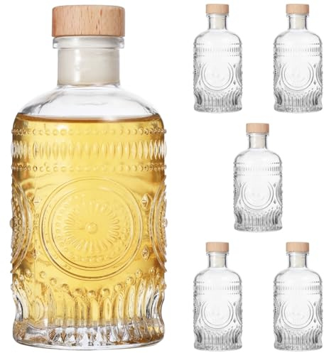 6 botellas de vidrio con patrones decorativos de flores, botellas transparentes de 200 ml con tapones de corcho y tapas herméticas en T para preservar la frescura