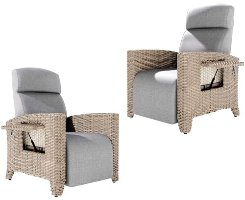 2er Set Relaxliege Liegesessel, Ergonomische Relaxliege Rattansessel, Verstellbare Rückenlehne, mit Dickem Kissen, Geeignet für Drinnen, Balkon, Garten, Innenhof(Braune Rattankanten + Graues Kissen)