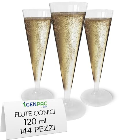 GM 144 Flute da 120 ml Riutilizzabili in PET Base Staccabile – Bicchieri per Brindisi Matrimoni Anniversari Feste Bollicine Natale Capodanno – Lavabili Lavastoviglie Eleganti Resistente Eventi Party