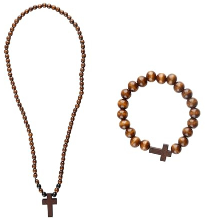 Bojueshaw 2Pcs Natrual Wooden Cross Necklace and Bracelet Set,Faith Gift for Men Women Church Prayer Rosary Accessories(Brown)