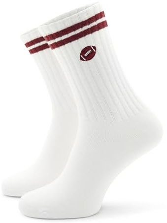 40YARDS Calcetines Fútbol Americano | Balón Bordado | Blanco | 37–46 | Calcetines blancos de tenis con dos rayas y balón bordado | Talla única EU 37–46 | Accesorio y regalo para aficionados