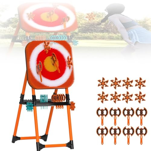 JLOZDM Cible De Lancer De Hache, Jeu De Lancer 2-en-1-8 Haches À Longue Manche & 8 Fléchettes en Étoile, Plateau Pliant 150mm, Résistant À La Météo pour Loisirs Familiaux Intérieur Extérieur(Orange)