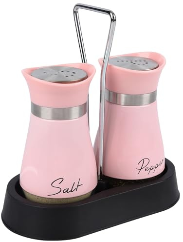 Salt and Pepper Sets, Salt and Pepper Shakers with Holder, Set of 2 Stainless Steel and Glass Bottle Salt Shaker Cellar Dispenser for Kitchen, Cooking, Camping (Pink)