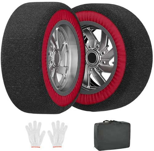 SUNYRISY 2er Set Textile Schneeketten, Textilschneekette Snow Sock, Anti-Rutsch Universal Auto Schneeketten Notfallzugketten, Car Snow Chains Rot, XL