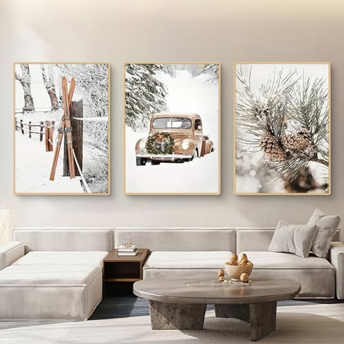 TROYSINC 3er Weihnachts-Poster Set, Winter Bilder Set, Autos, Tannenzapfen Wandkunst Wandbilder Wohnzimmer Weihnacht Wanddeko für Wohnkultur, Ohne Rahmen (21x30cm)
