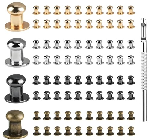 tiyiyok 80 Stück Button Rundkopf Hohlnieten, Knopfnieten, Nieten für Leder, Mit Lochstanzer, Geeignet für Taschen, Geldbörsen, Kunsthandwerk und Reparaturen, Hellgolden, Silber, Schwarz, Antikbronze