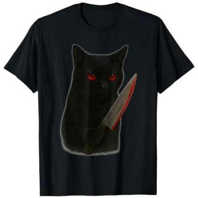 Chat Noir Effrayant d'halloween avec Couteau Sanglant T-Shirt
